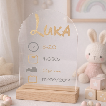 Plaque en acrylique personnalisée en vinyle permanent et son support bois